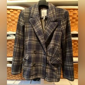 Anthropologie Avec Les Filles Navy and Cream Flannel Plaid Blazer